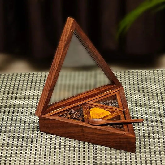 Handcrafted Sheesham Wood Triangular Spice Box with Spoon