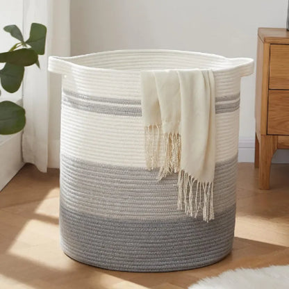 White, Grey Cotton Laundry Basket & Storage Organiser with Handles - Medium, Large