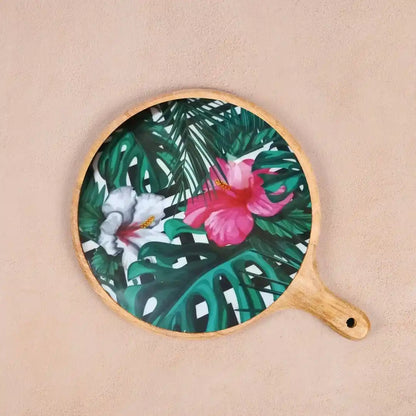 White & Pink Floral Print Wooden Serveware