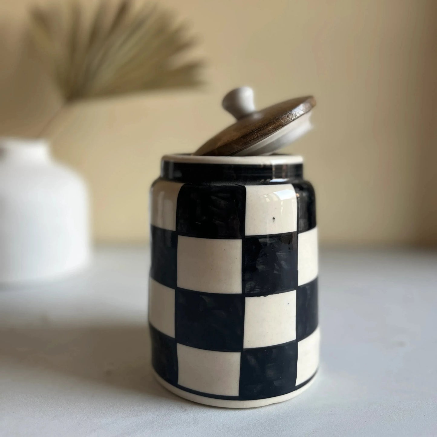 Black & White Chessboard Multipurpose Ceramic Airtight Storage Jar - 550 ml