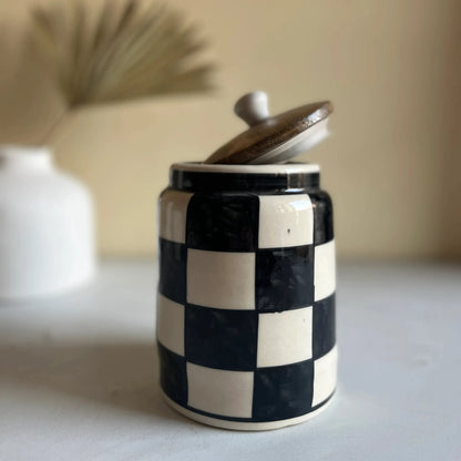 Black & White Chessboard Multipurpose Ceramic Airtight Storage Jar - 550 ml