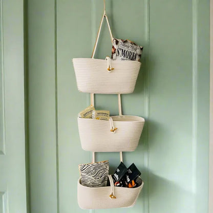 All-Purpose 3-Tier Cotton Wall Hanging Baskets - White