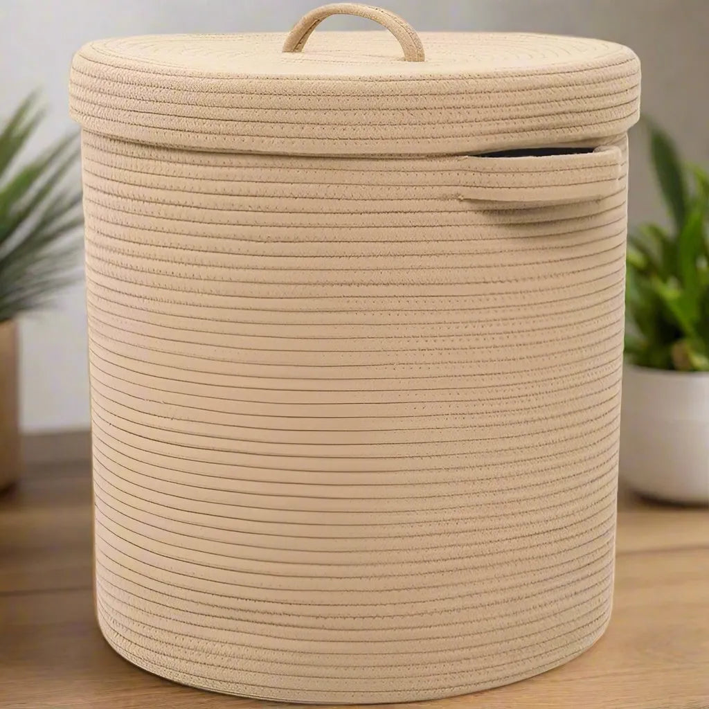 Beige Portable Cotton Laundry Organiser with Lid - Small, Medium, Large