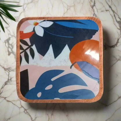 Multicolor Abstract Floral Print Wooden Serveware