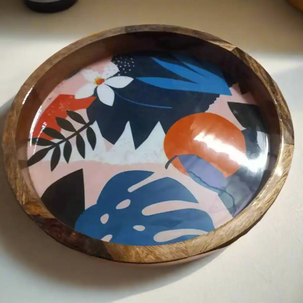 Multicolor Abstract Floral Print Wooden Serveware