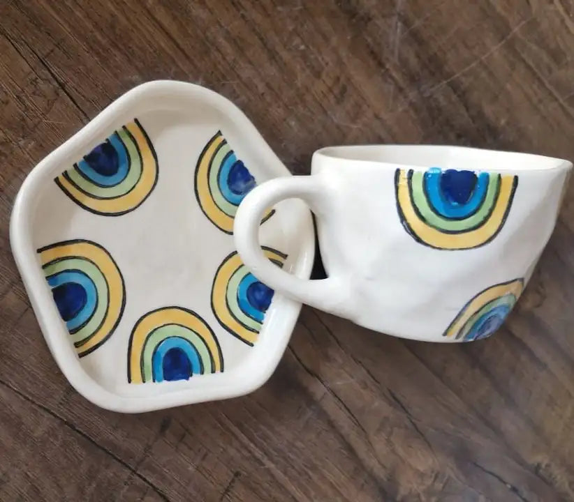 Blue Boho Waves Ceramic Cup & Saucer - 200 ml