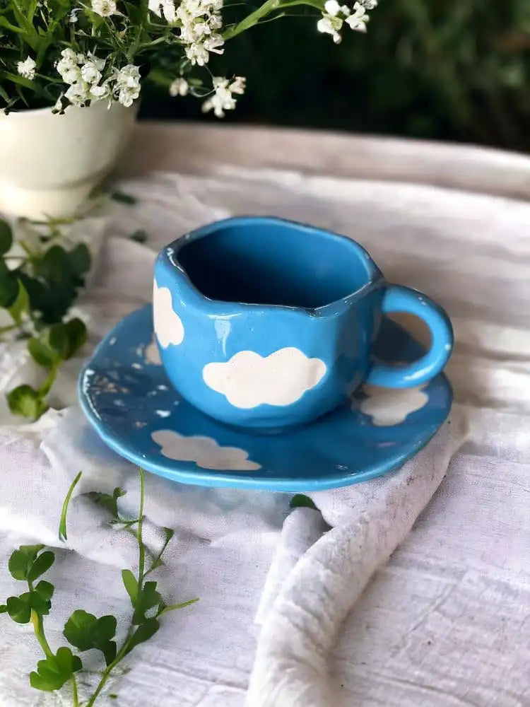 Blue Cloudy Delight Ceramic Cup & Saucer - 200 ml