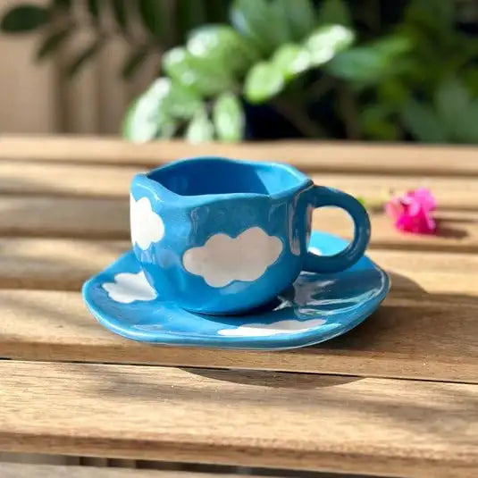 Blue Cloudy Delight Ceramic Cup & Saucer - 200 ml