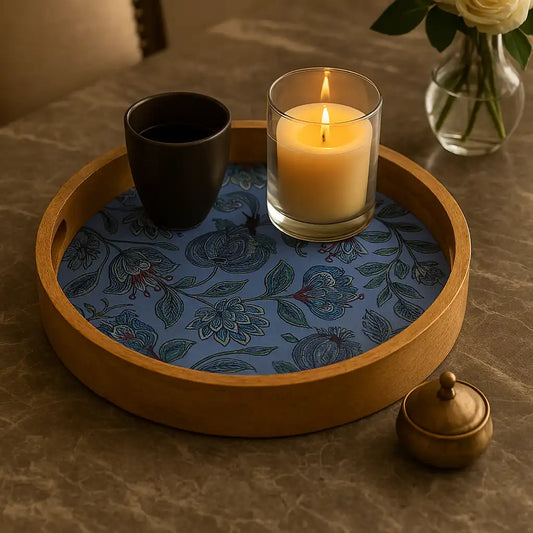 Blue Floral Print Wooden Serveware