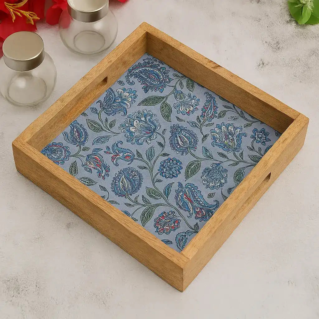 Blue Floral Print Wooden Serveware