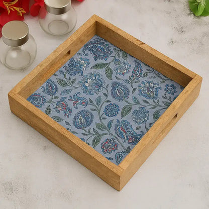 Blue Floral Print Wooden Serveware