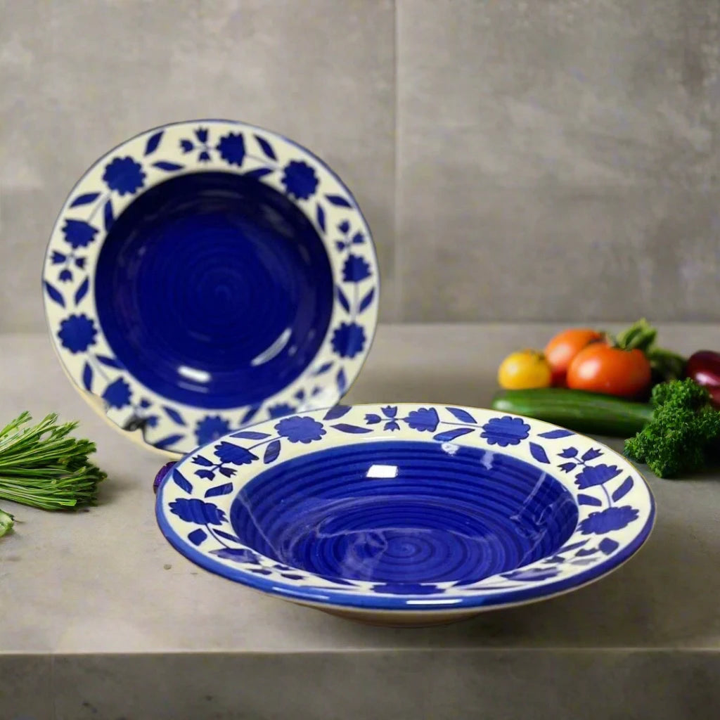 Royal Bloom Blue White Ceramic Pasta Plate