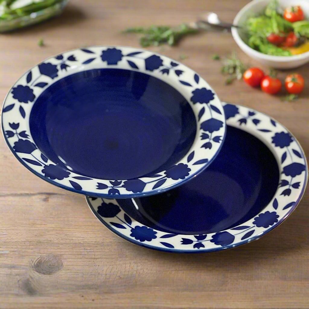 Royal Bloom Blue White Ceramic Pasta Plate