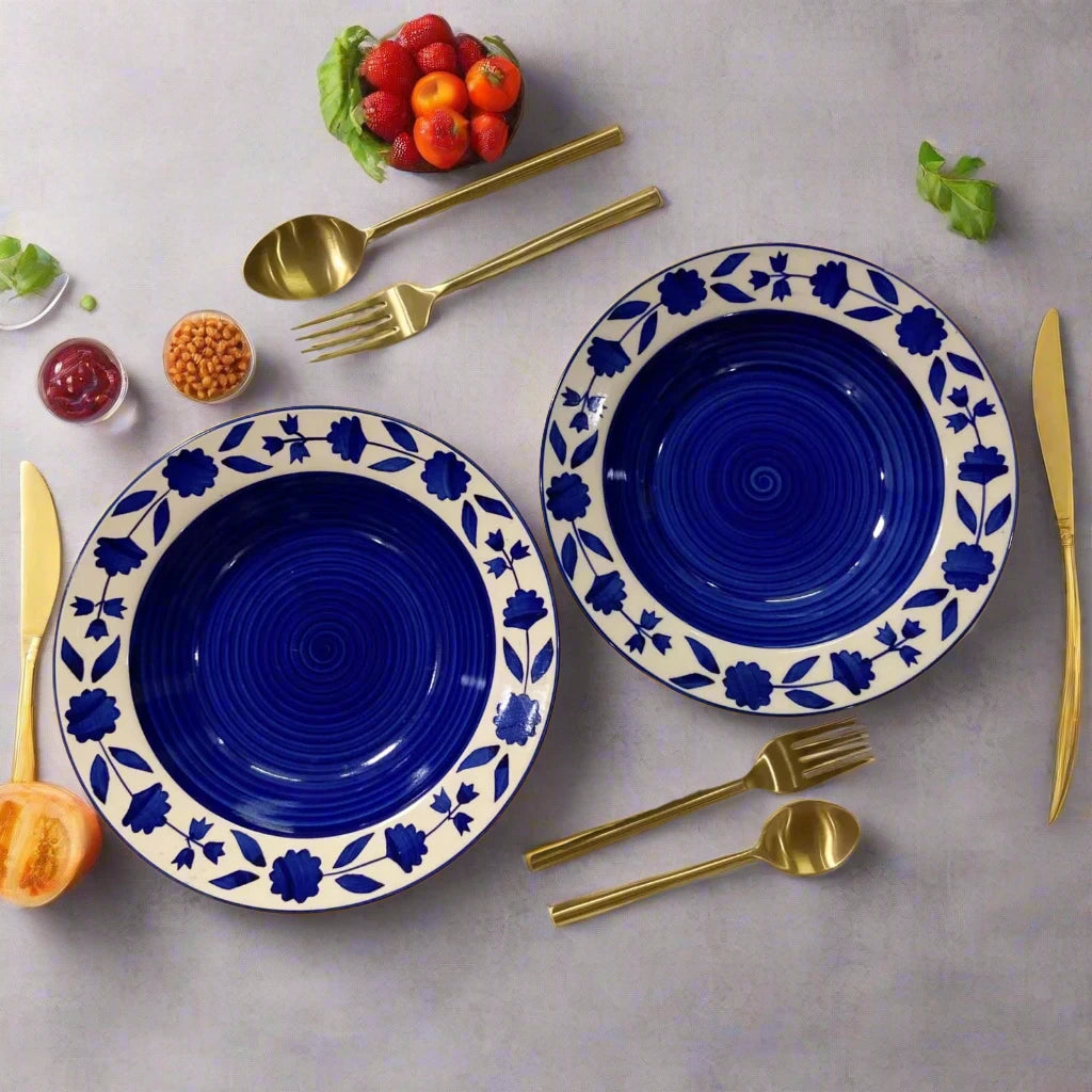 Royal Bloom Blue White Ceramic Pasta Plate