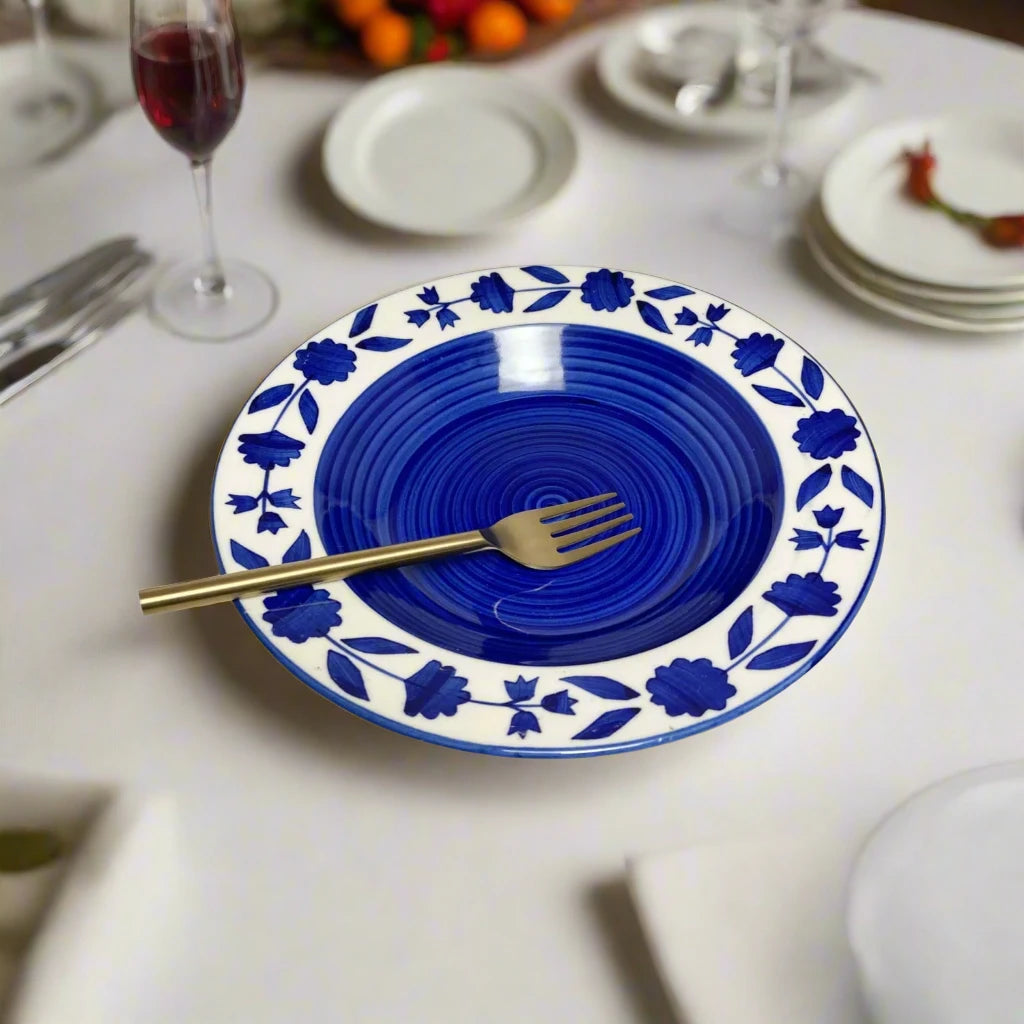 Royal Bloom Blue White Ceramic Pasta Plate