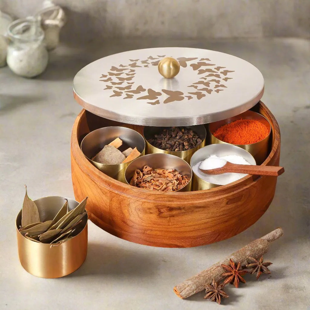 Teak Wood Masala Box with Stainless Steel Butterfly Design Lid & Jars