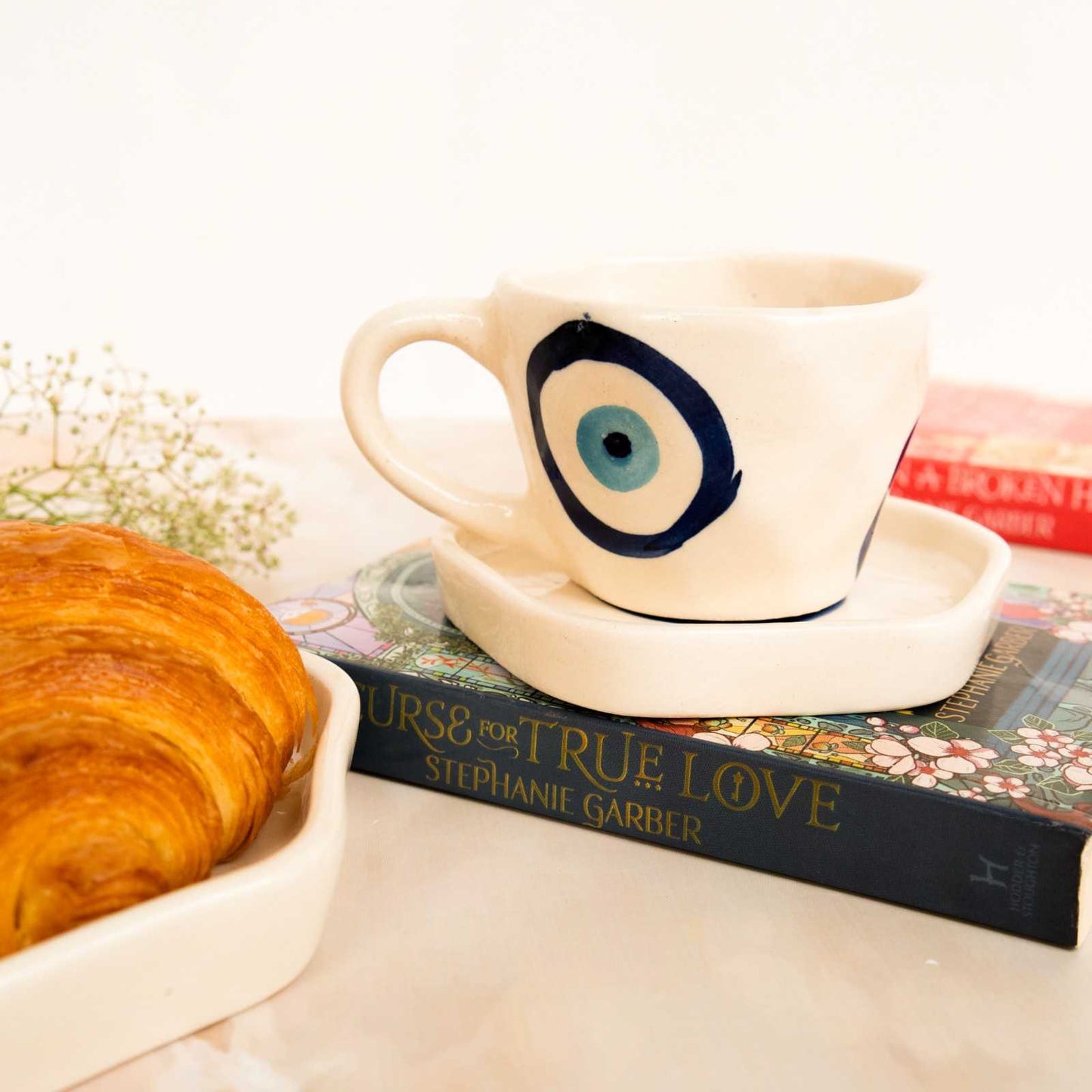 Evil Eye Ceramic Coffee Mug, Saucer & Dessert Plate - Breakfast Set