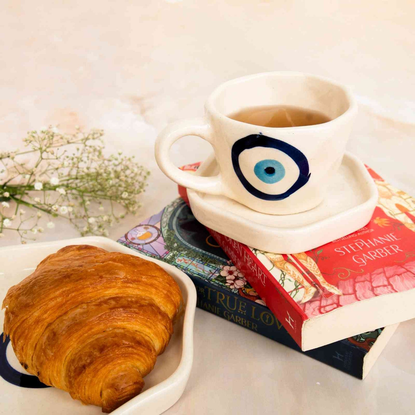 Evil Eye Ceramic Coffee Mug, Saucer & Dessert Plate - Breakfast Set