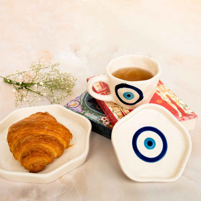 Evil Eye Ceramic Coffee Mug, Saucer & Dessert Plate - Breakfast Set