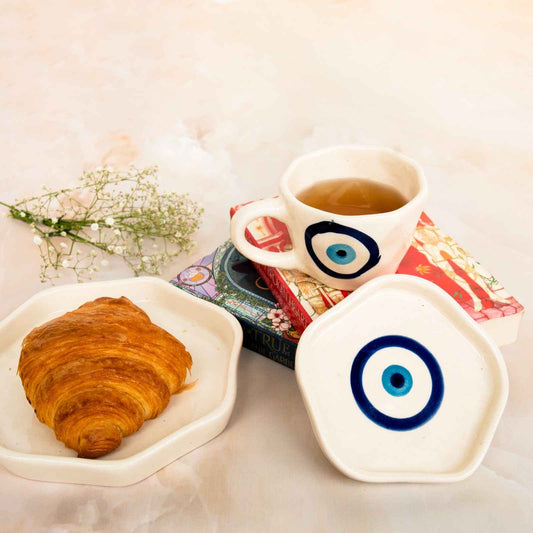 Evil Eye Ceramic Coffee Mug, Saucer & Dessert Plate - Breakfast Set