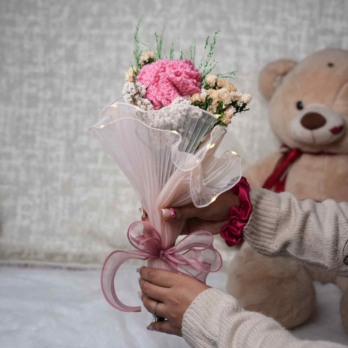 Pink Whisper Crochet Carnations Flower Bunch