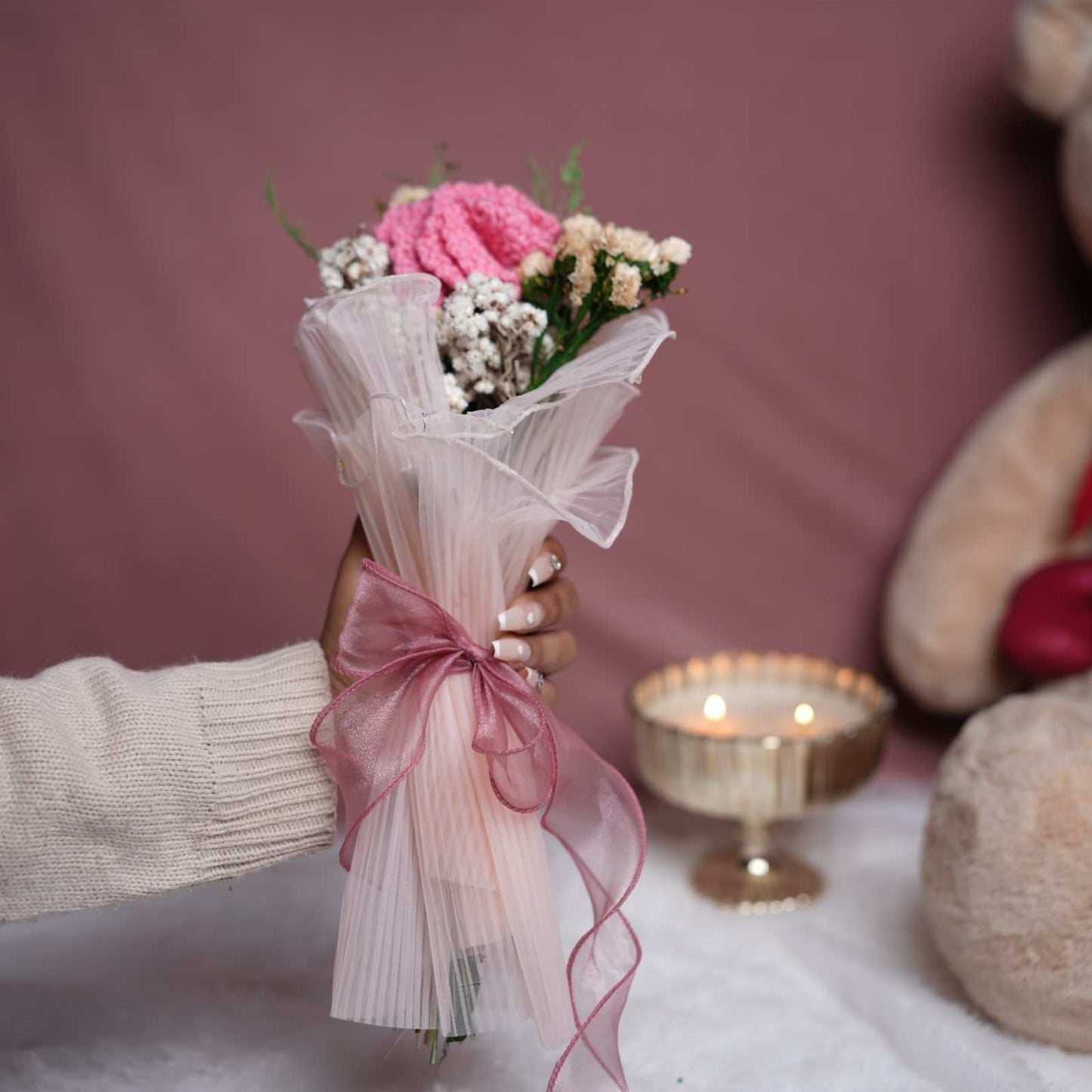 Pink Whisper Crochet Carnations Flower Bunch