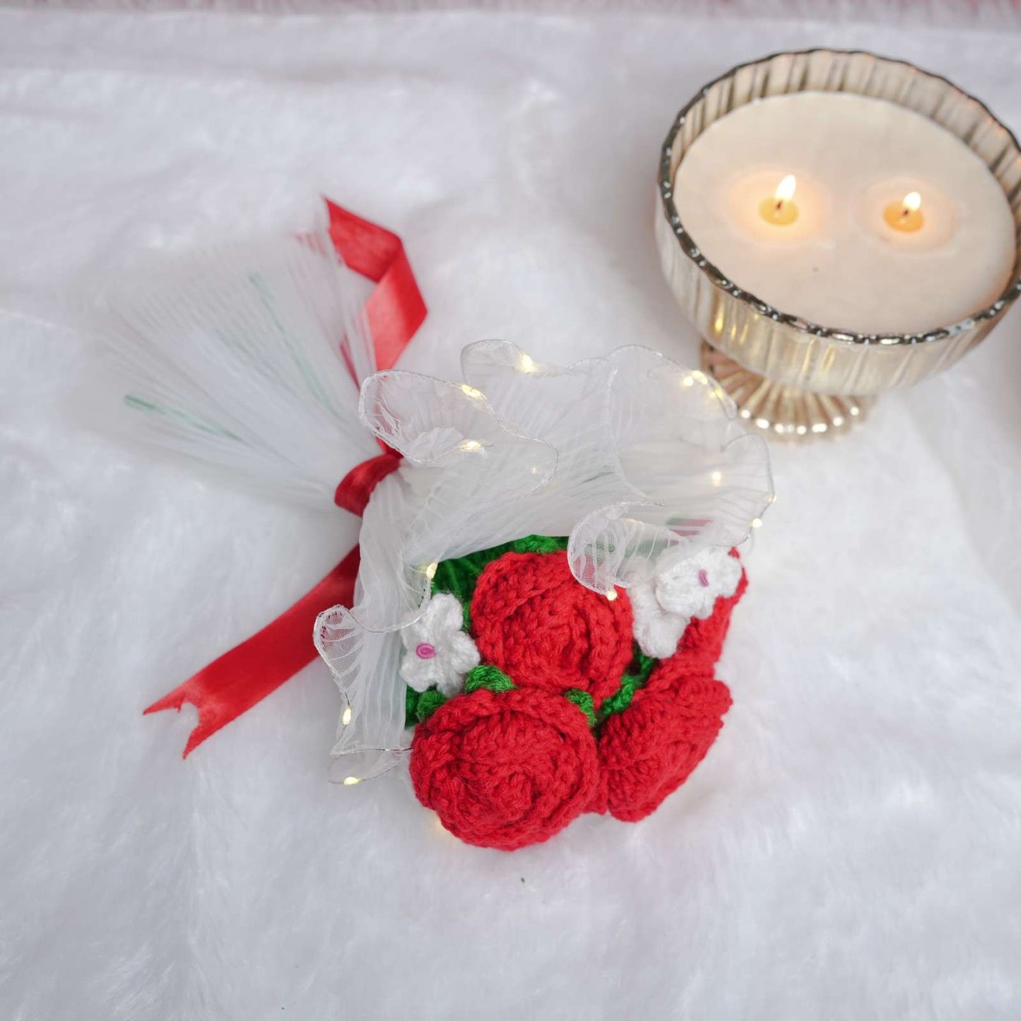 Radiant Red Rose Bloom Crochet LED Gift