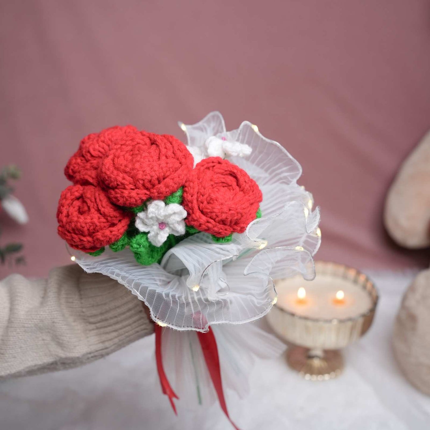 Radiant Red Rose Bloom Crochet LED Gift