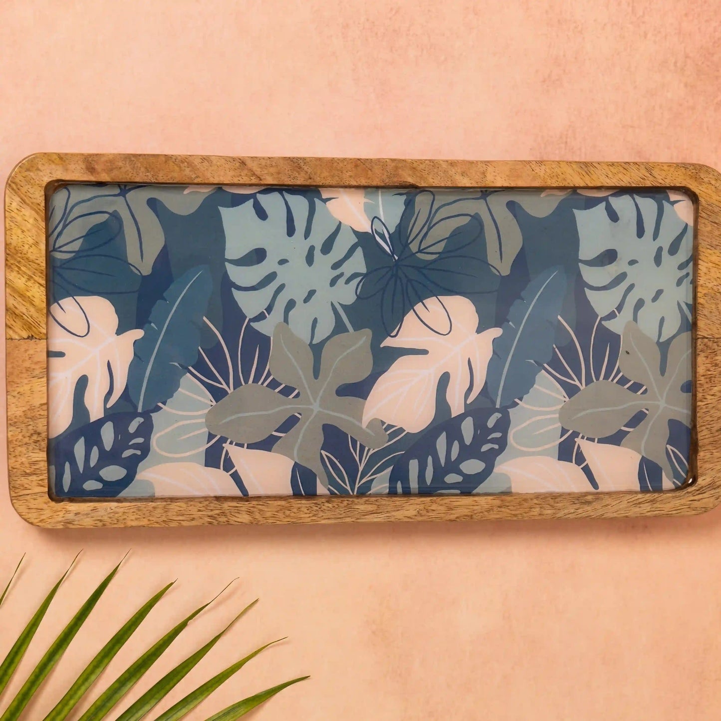 Elegant Wooden Navy Tropical Leaf Pattern Serveware