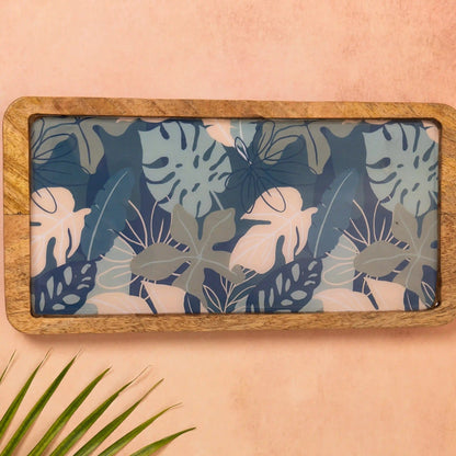 Elegant Wooden Navy Tropical Leaf Pattern Serveware