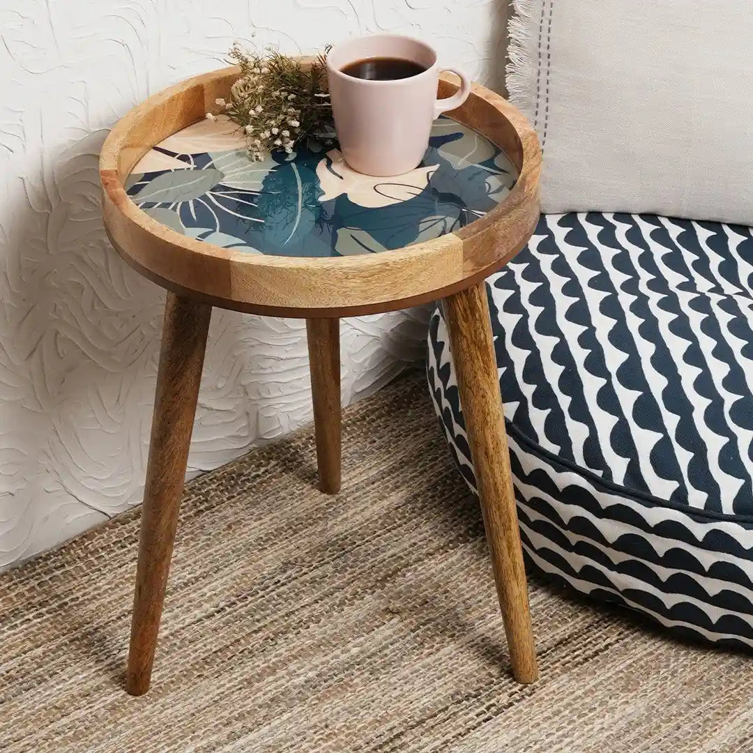 Elegant Wooden Navy Tropical Leaf Pattern Serveware