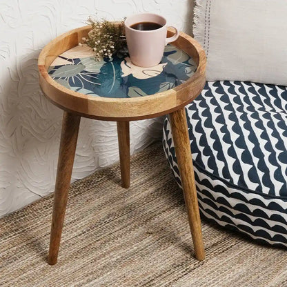 Elegant Wooden Navy Tropical Leaf Pattern Serveware