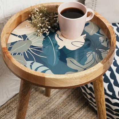 Elegant Wooden Navy Tropical Leaf Pattern Serveware