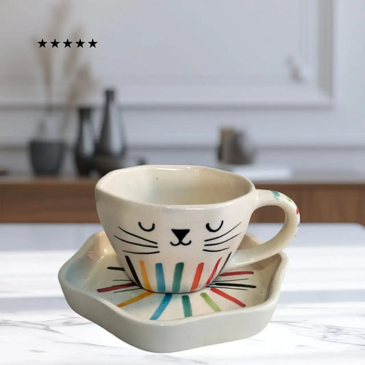 Cute Cat Face Colorful Ceramic Cup & Saucer