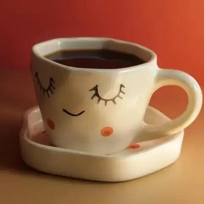 Cute Sleepy Face Ceramic Cup & Saucer - 200 ml