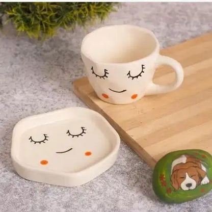 Cute Sleepy Face Ceramic Cup & Saucer - 200 ml