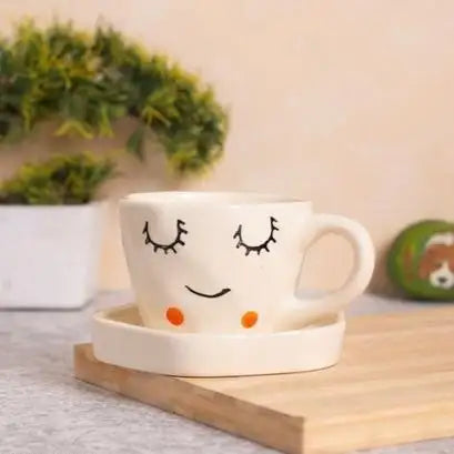 Cute Sleepy Face Ceramic Cup & Saucer - 200 ml