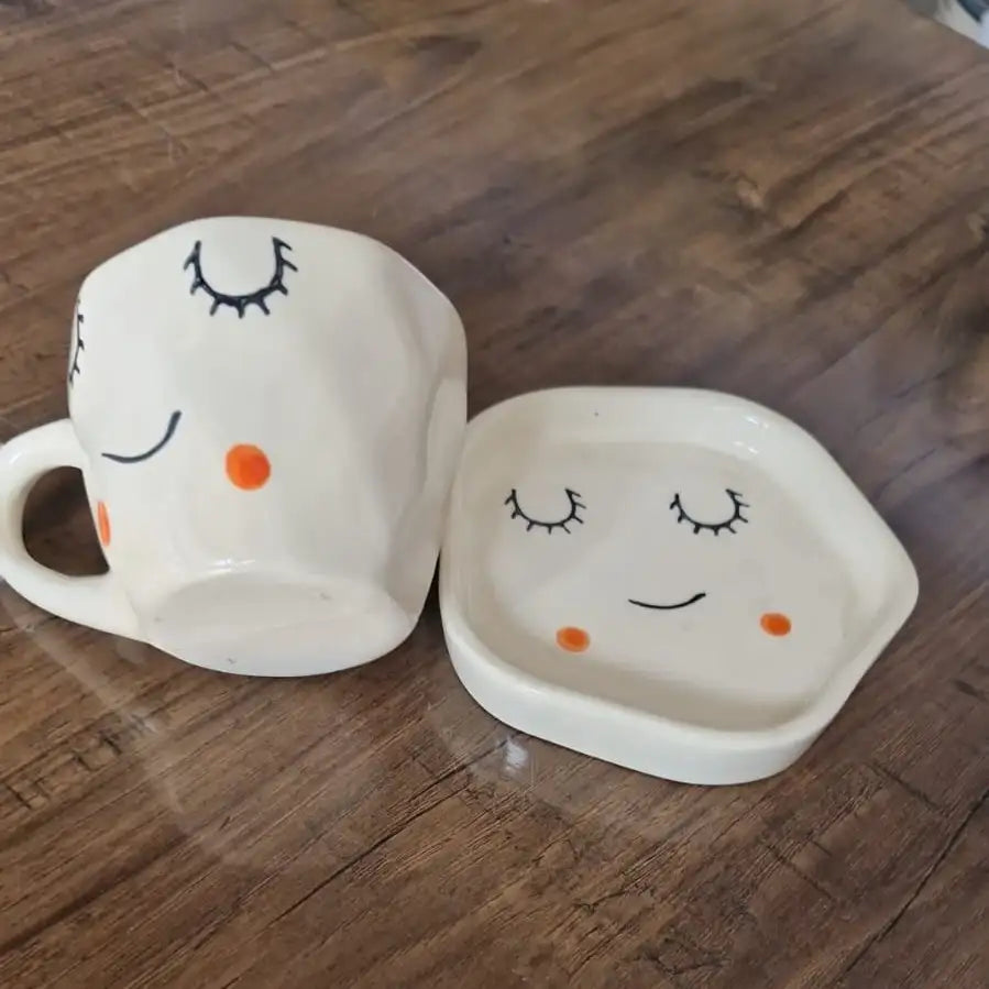 Cute Sleepy Face Ceramic Cup & Saucer - 200 ml