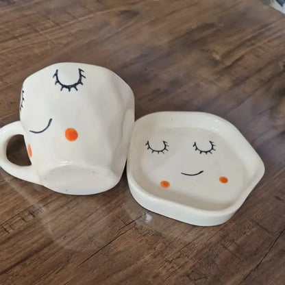 Cute Sleepy Face Ceramic Cup & Saucer - 200 ml