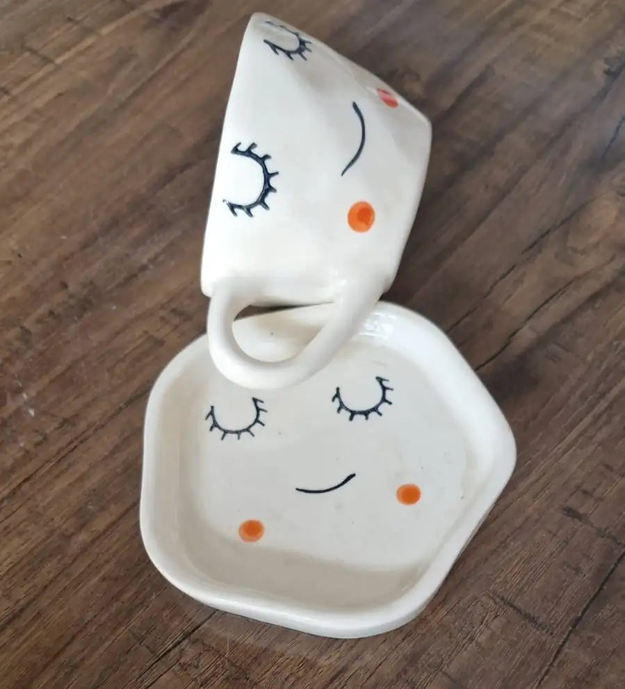 Cute Sleepy Face Ceramic Cup & Saucer - 200 ml