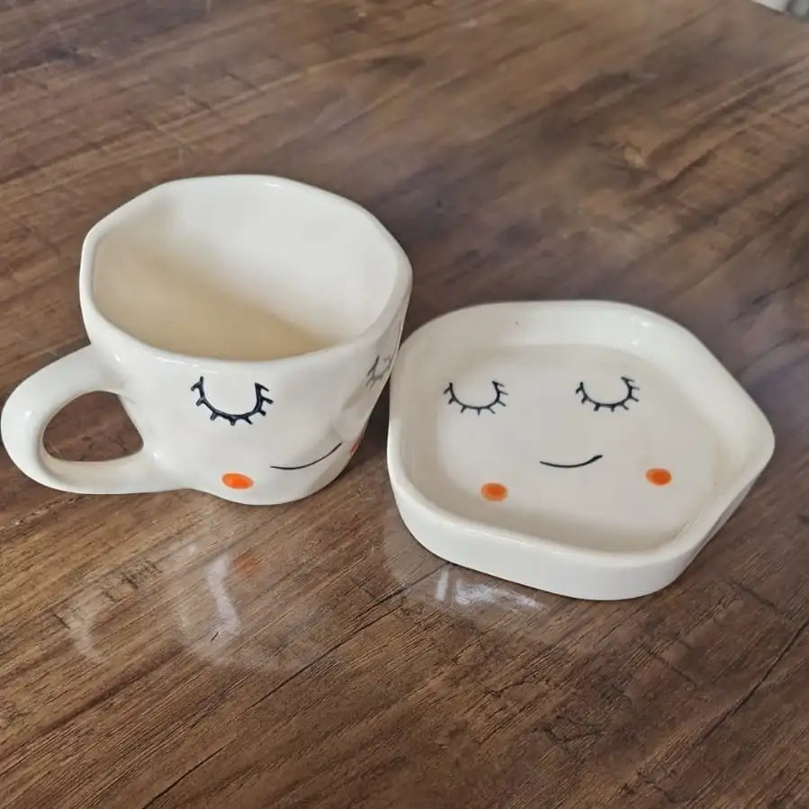 Cute Sleepy Face Ceramic Cup & Saucer - 200 ml