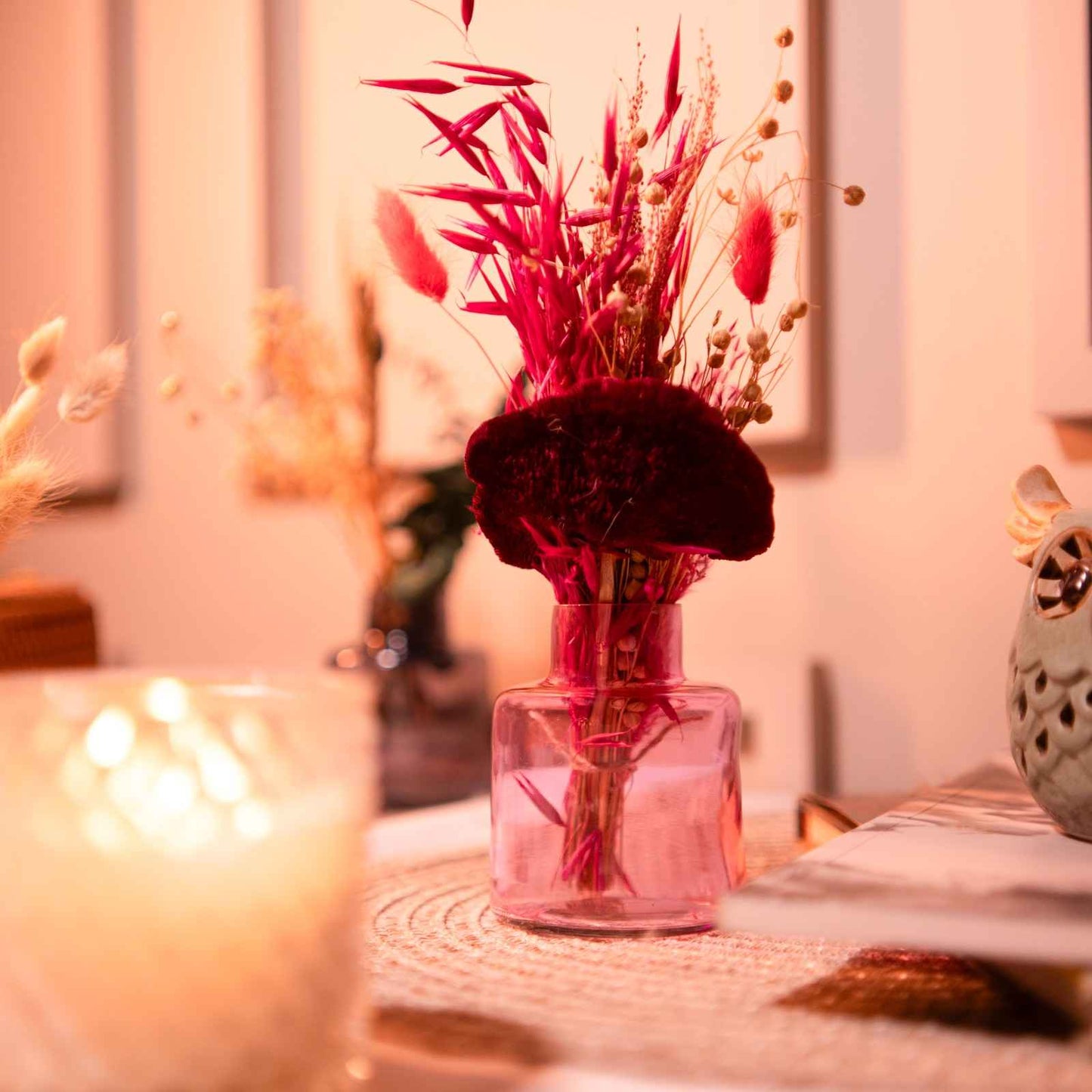 Petal Pink Glass Vase with Dried Flower Decor