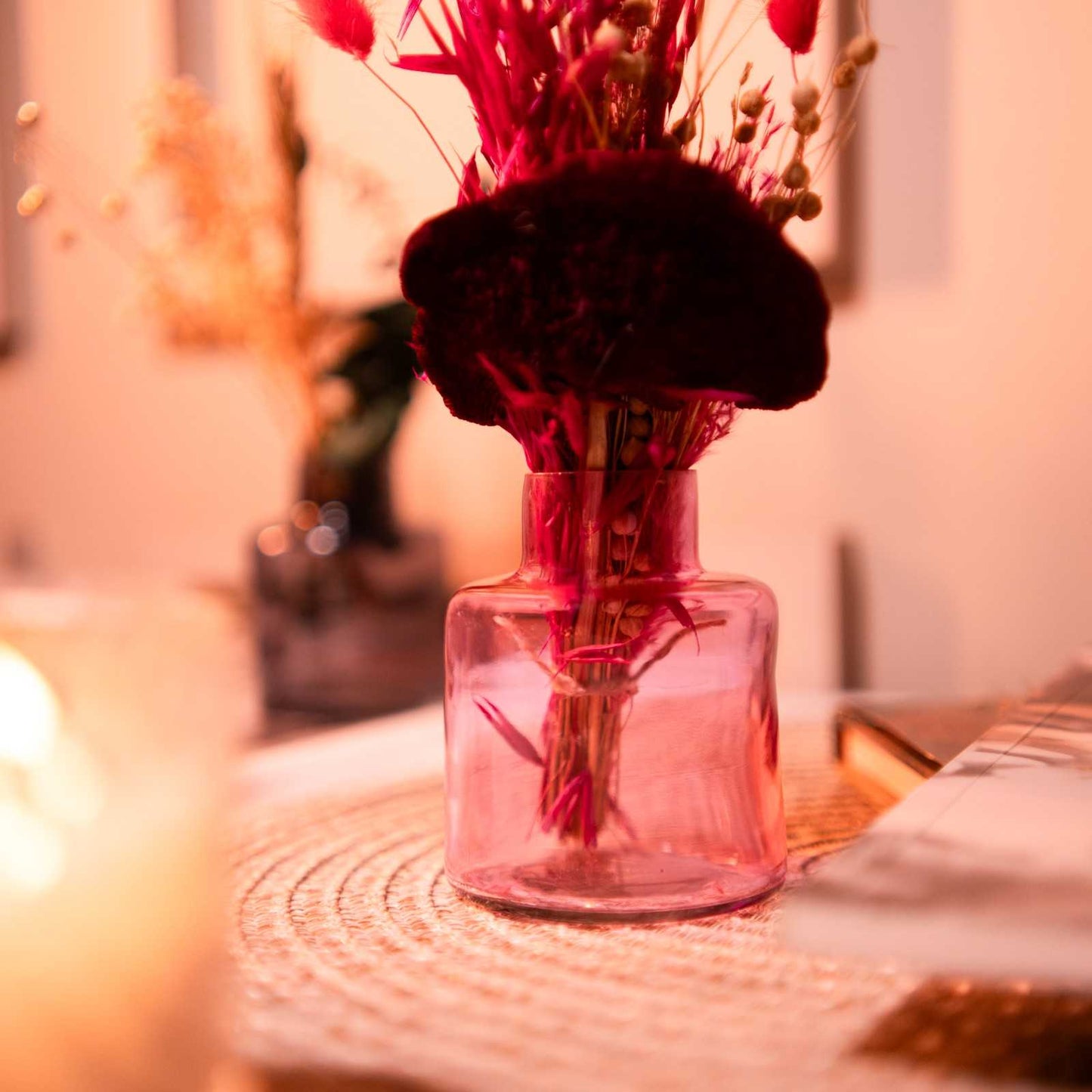 Petal Pink Glass Vase with Dried Flower Decor
