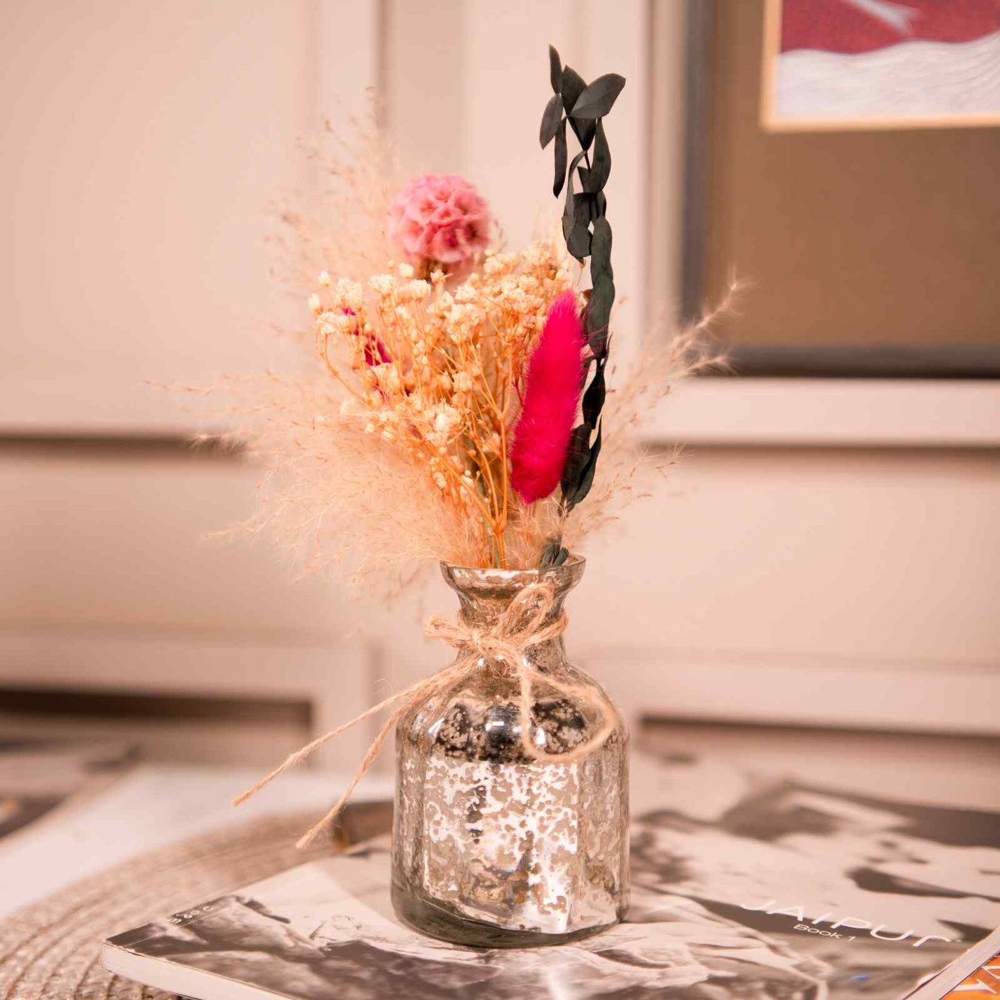 Silver Blossom Glass Vase with Dried Flower Decor