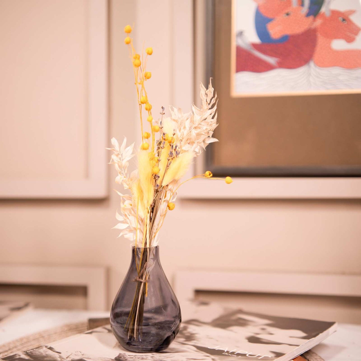 Indigo Elegance Glass Vase with Dried Flower