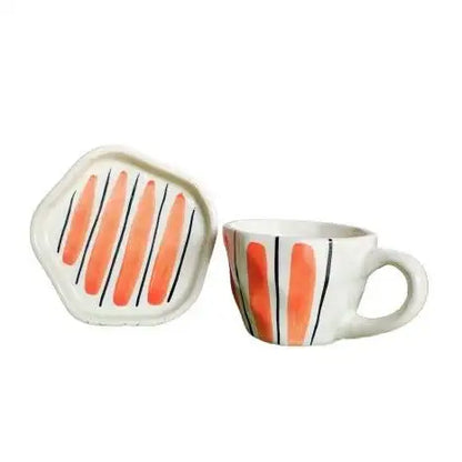 Elegant Orange Stripes Ceramic Cup & Saucer - 200 ml