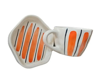 Elegant Orange Stripes Ceramic Cup & Saucer - 200 ml