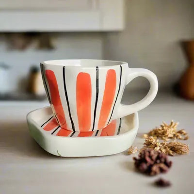 Elegant Orange Stripes Ceramic Cup & Saucer - 200 ml
