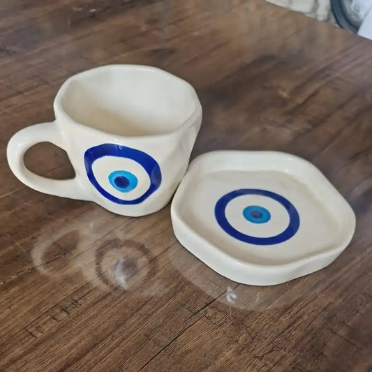 White & Blue Ceramic Eye Motif Cup & Saucer - 200 ml