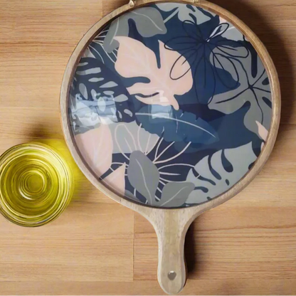Elegant Wooden Navy Tropical Leaf Pattern Serveware